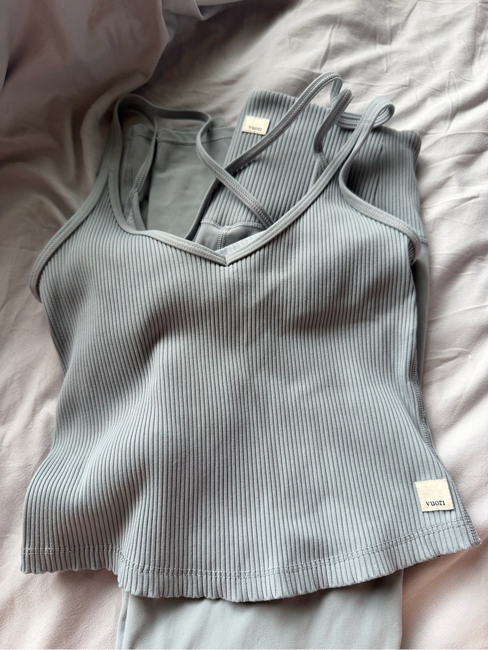 Vuori Ribbed V-Neck Tank & High-Waist Leggings Set in Light Blue Gray